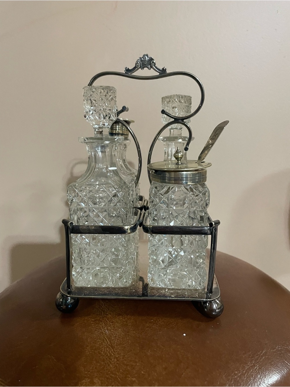 Antique Cut Crystal Condiment Set with Silver-Plated Carriage - Clear